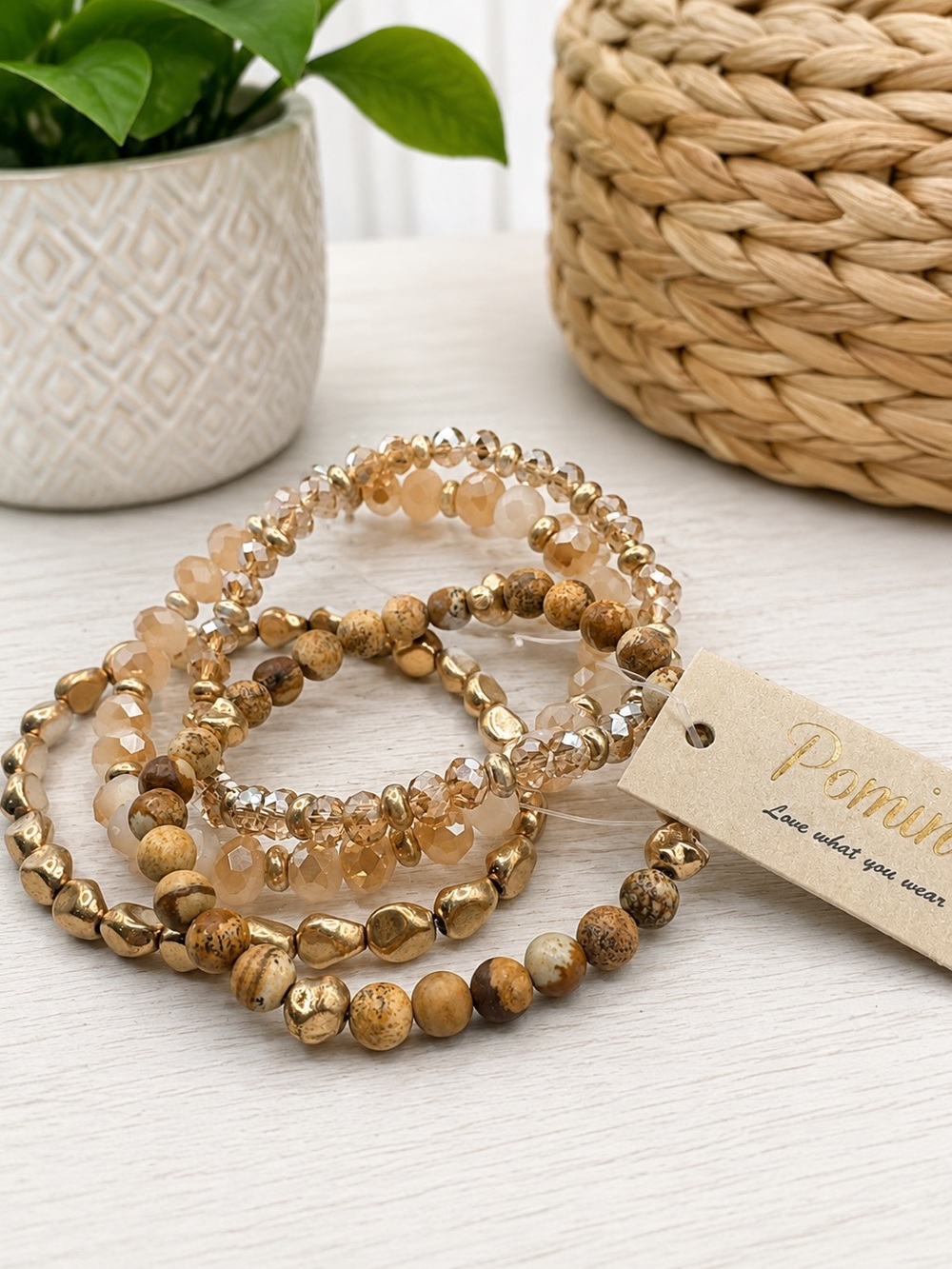 Pomina Neutral & Gold Beaded Stretch Bracelet Set (BR-1010/3)